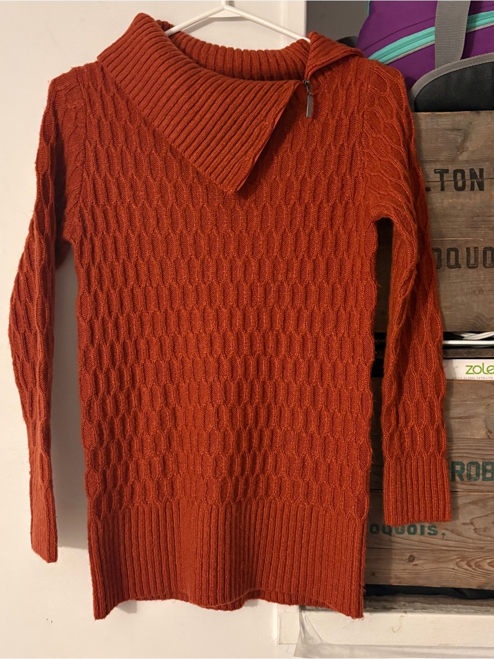Ilanco Textured Asymmetrical Cowl-Neck Knit Sweater in Rust Orange Size Large